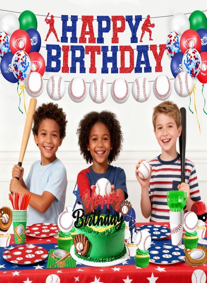 Oigco Baseball Birthday Decorations Set Includes Plates, Napkins, Cups, Cutlery, Cake & Cupcake Toppers, Banner, Hanging Swirls, Tablecloths, Balloons for Sports Baseball Party Decorations, Serves 24 - Image 5